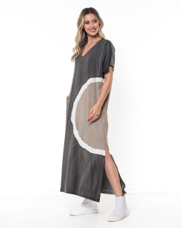 Vestido em Malha Estampado Decote V - Chumbo Fendas - Imagem 1