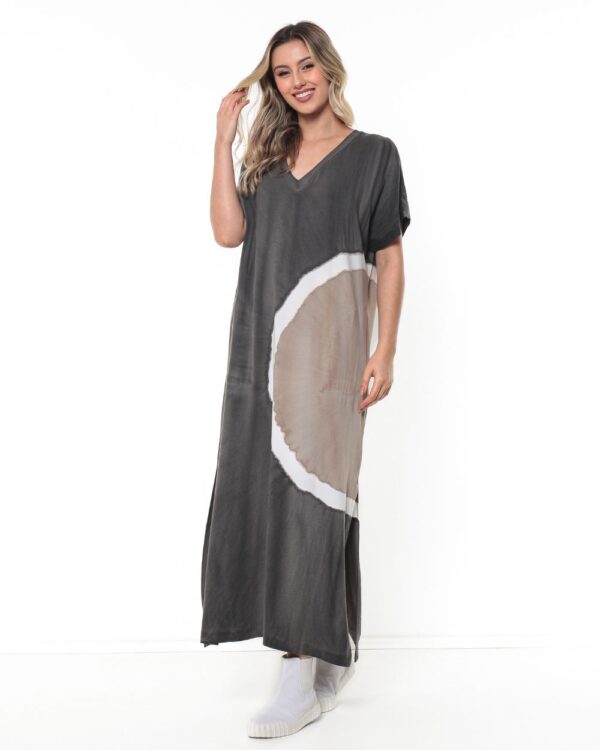 Vestido em Malha Estampado Decote V - Chumbo Fendas - Imagem 3