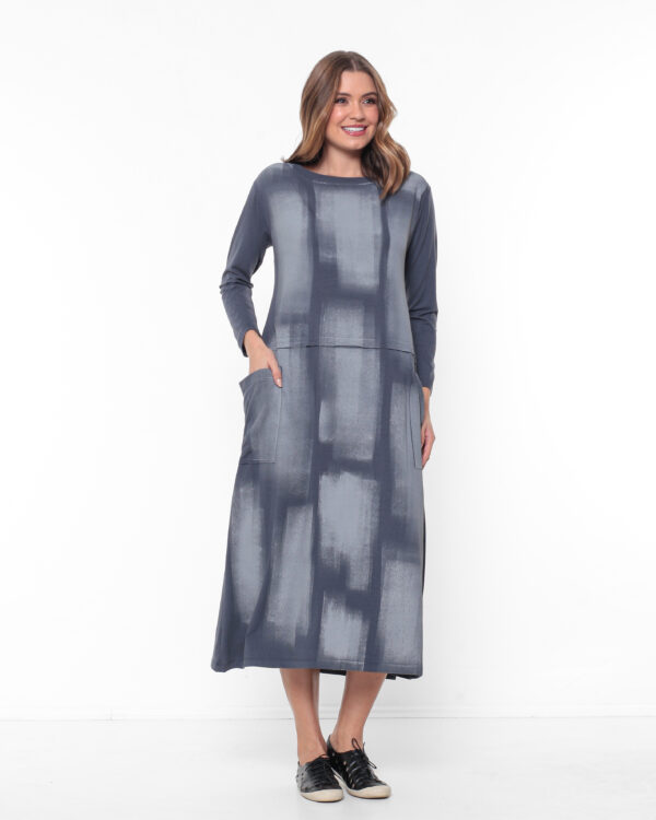 Vestido em Malha Manga Longa - Estampado Cinza - Imagem 1