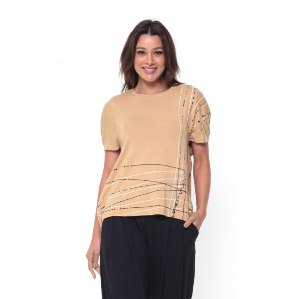 Blusa em Malha Estampada Com Mangas Curtas - Caramelo - Imagem 1