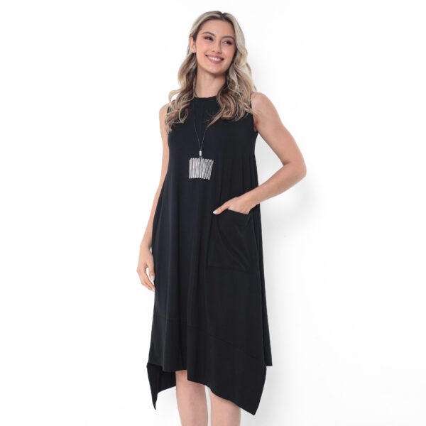 Vestido Básico em Malha Sem Mangas Com Bolsos - Preto - Imagem 3