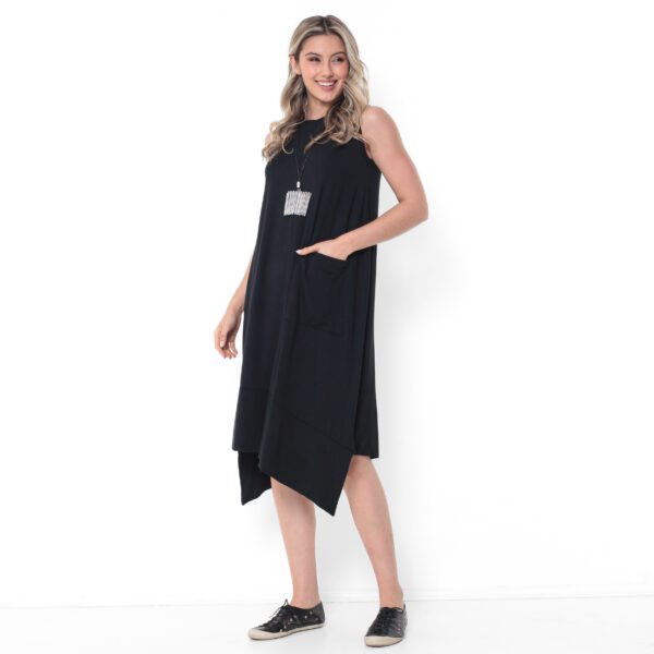 Vestido Básico em Malha Sem Mangas Com Bolsos - Preto - Imagem 4