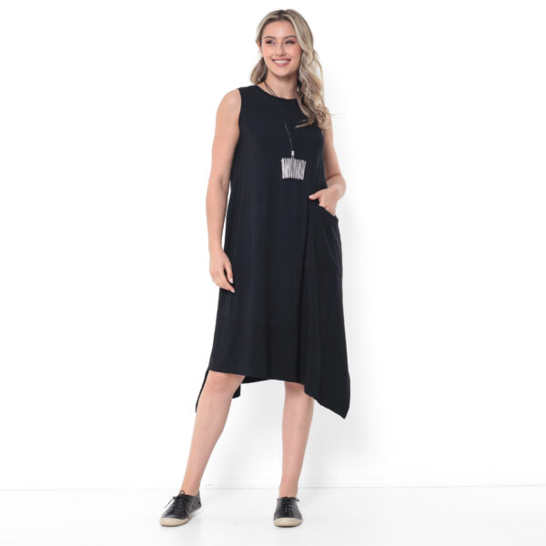Vestido Básico em Malha Sem Mangas Com Bolsos - Preto - Imagem 1