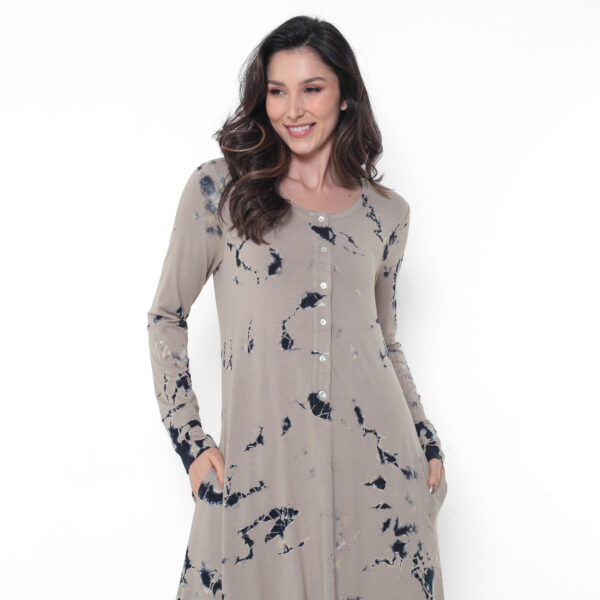 Vestido em Malha Estampado Manga Longa Com Bolsos - Caqui - Imagem 2