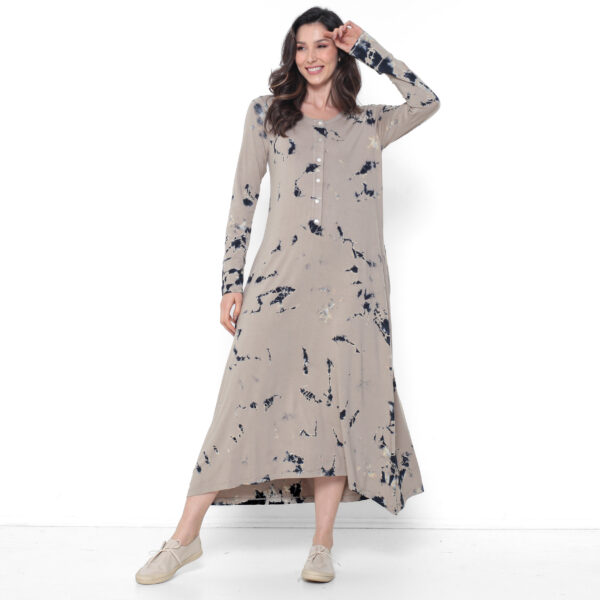 Vestido em Malha Estampado Manga Longa Com Bolsos - Caqui - Imagem 3