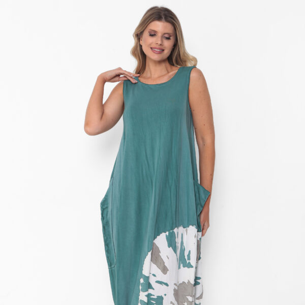 Vestido em Malha Estampado Sem Manga Com Bolsos - Turquesa - Imagem 3