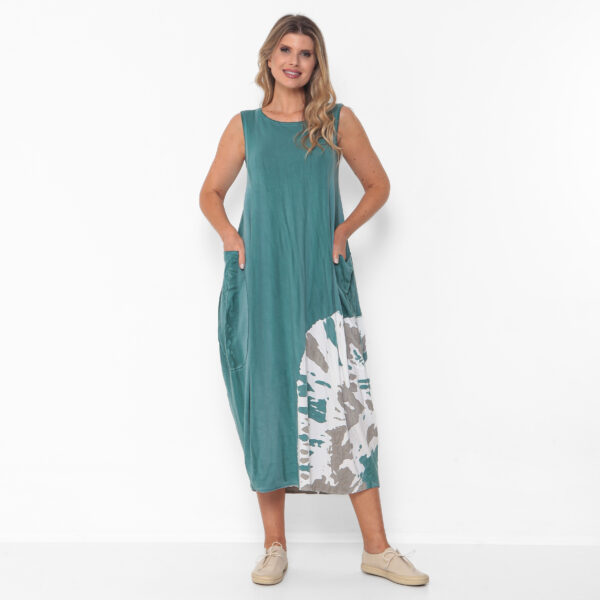 Vestido em Malha Estampado Sem Manga Com Bolsos - Turquesa - Imagem 4