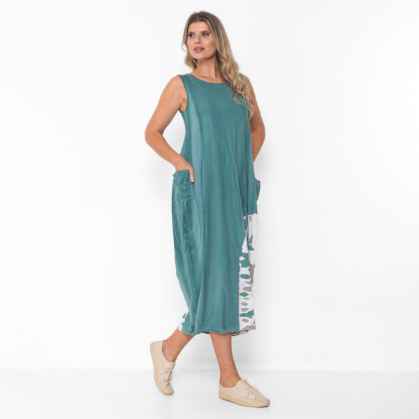Vestido em Malha Estampado Sem Manga Com Bolsos - Turquesa - Imagem 2