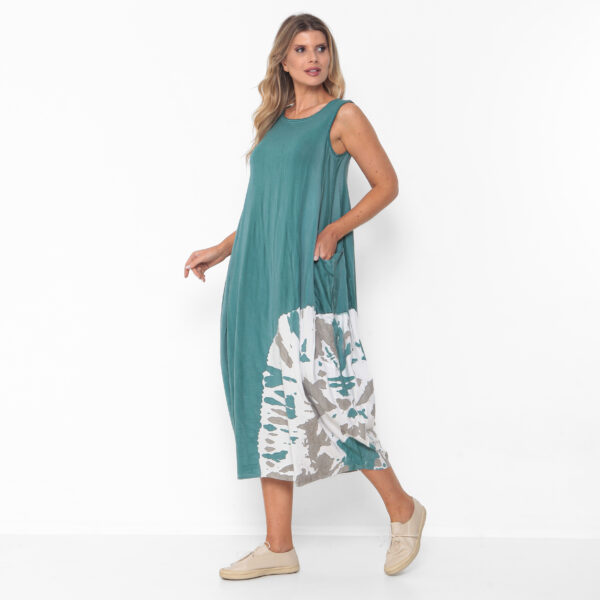 Vestido em Malha Estampado Sem Manga Com Bolsos - Turquesa - Imagem 1