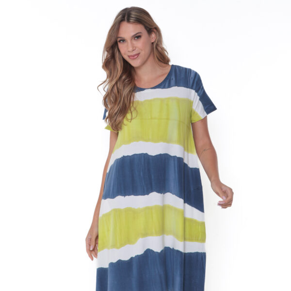 Vestido Estampado em Malha com Mangas Curtas E Bolsos - Listrado - Imagem 3