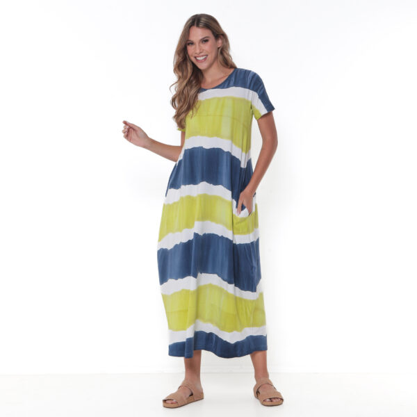 Vestido Estampado em Malha com Mangas Curtas E Bolsos - Listrado - Imagem 1