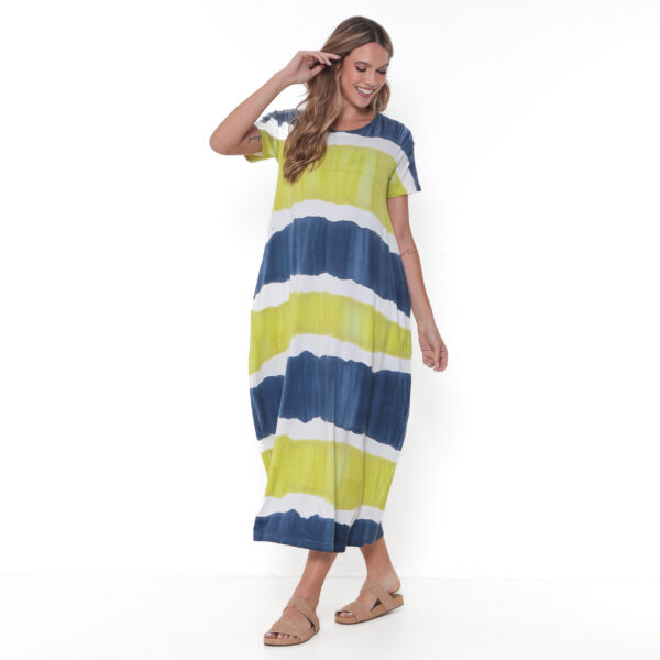Vestido Estampado em Malha com Mangas Curtas E Bolsos - Listrado - Imagem 2