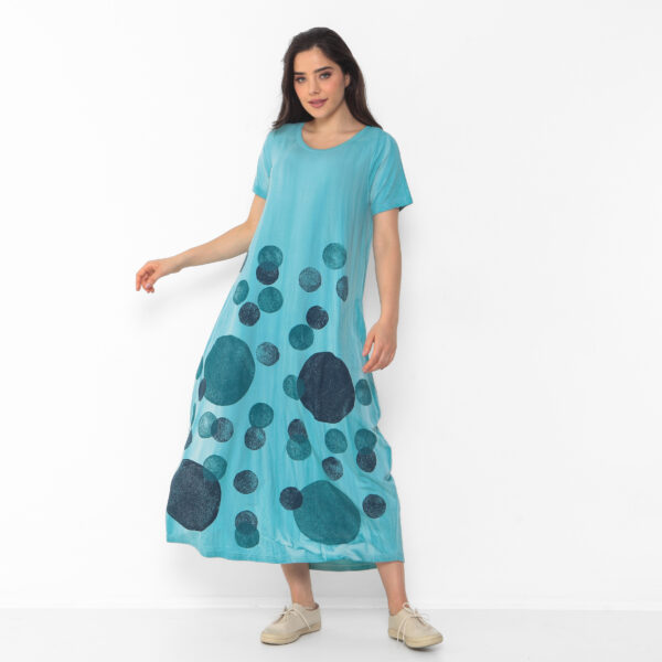 Vestido em Malha Estampado Com Bolsos E Mangas Curtas - Azul Bolas - Imagem 3