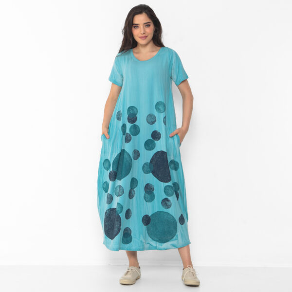 Vestido em Malha Estampado Com Bolsos E Mangas Curtas - Azul Bolas - Imagem 4