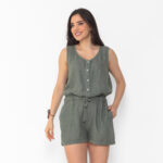 Macaquinho Feminino em Linho Com Bolsos