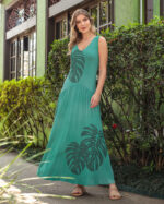 Vestido Franzido em Malha Estampado - Verde