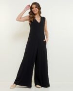 Macacão Feminino Em Malha Com Bolsos e Sem Mangas - Preto - Imagem 2