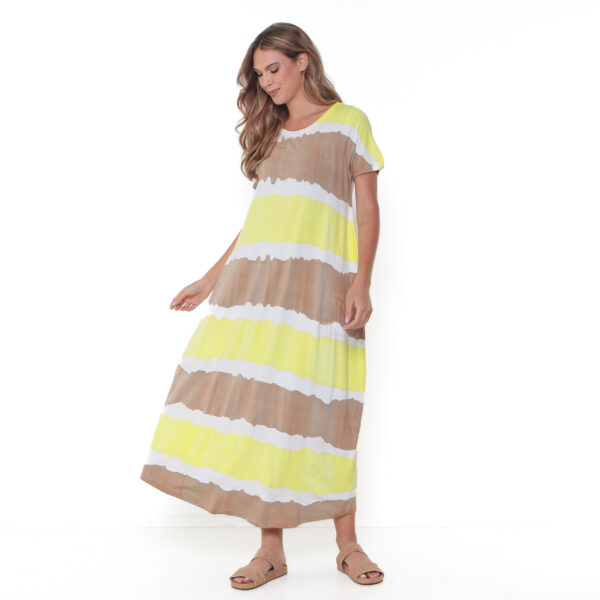 Vestido Em Malha Estampado Mangas Curtas Com Bolsos - Listrado - Imagem 4