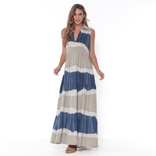 Vestido Em Malha Estampado Com Babado Sem Mangas - Listrado - Imagem 1