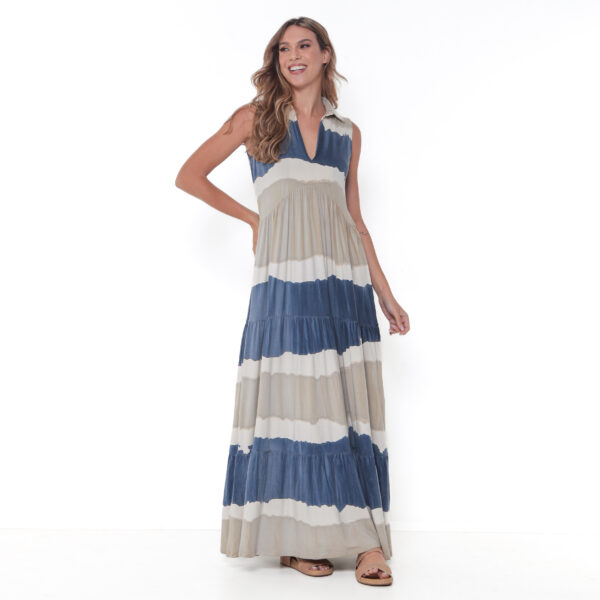 Vestido Em Malha Estampado Com Babado Sem Mangas - Listrado - Imagem 2