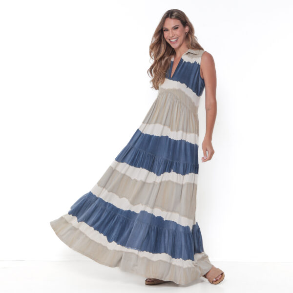 Vestido Em Malha Estampado Com Babado Sem Mangas - Listrado - Imagem 4