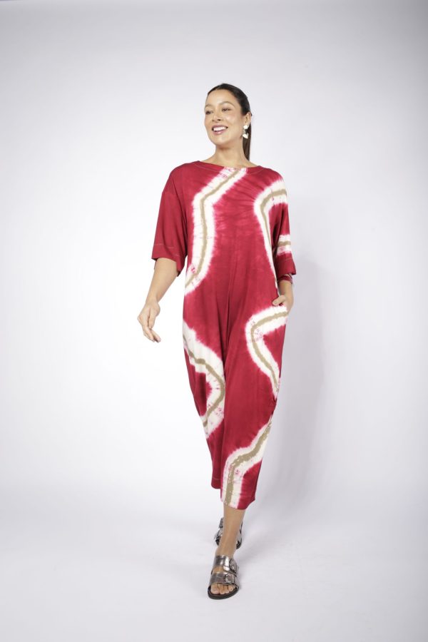 Macacão Feminino Em Malha Estampado Com Bolsos - Cereja - Imagem 1