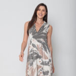 Vestido Em Malha Estampado Decote V Sem Mangas - Areia - Imagem 3