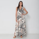Vestido Em Malha Estampado Decote V Sem Mangas - Areia