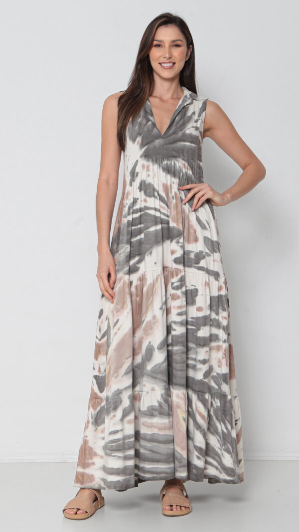 Vestido Em Malha Estampado Decote V Sem Mangas - Areia