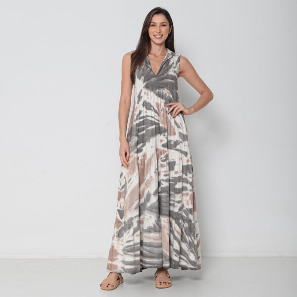 Vestido Em Malha Estampado Decote V Sem Mangas - Areia - Imagem 1