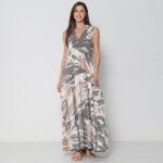 Vestido Em Malha Estampado Decote V Sem Mangas - Areia - Imagem 4