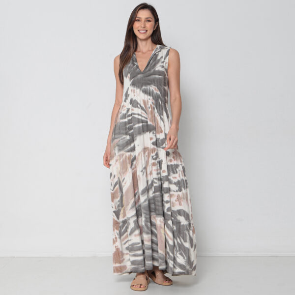 Vestido Em Malha Estampado Decote V Sem Mangas - Areia - Imagem 4