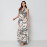 Vestido Em Malha Estampado Decote V Sem Mangas - Areia - Imagem 2