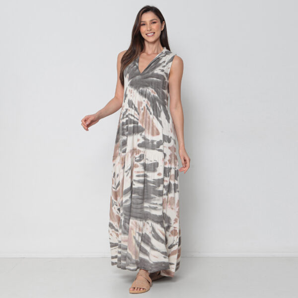Vestido Em Malha Estampado Decote V Sem Mangas - Areia - Imagem 2