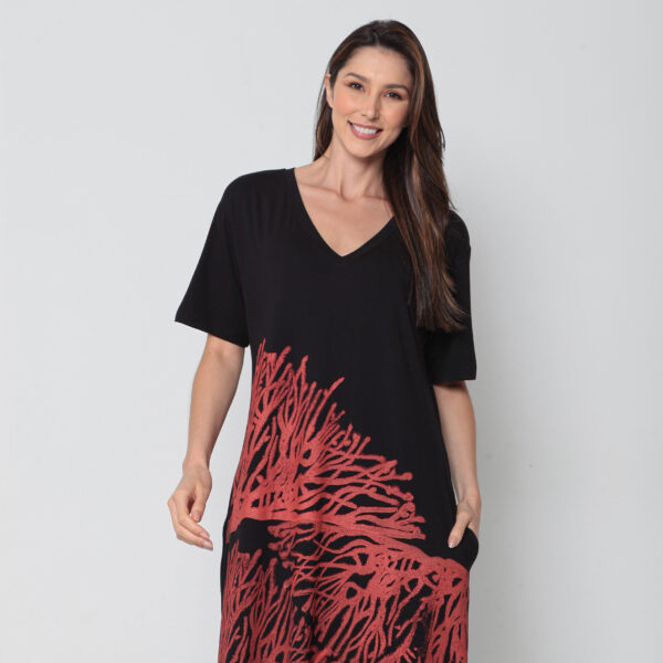 Vestido Em Malha Estampado Mangas Curtas Com Bolsos E Decote V - Preto - Imagem 3