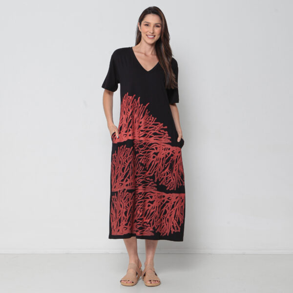 Vestido Em Malha Estampado Mangas Curtas Com Bolsos E Decote V - Preto - Imagem 1