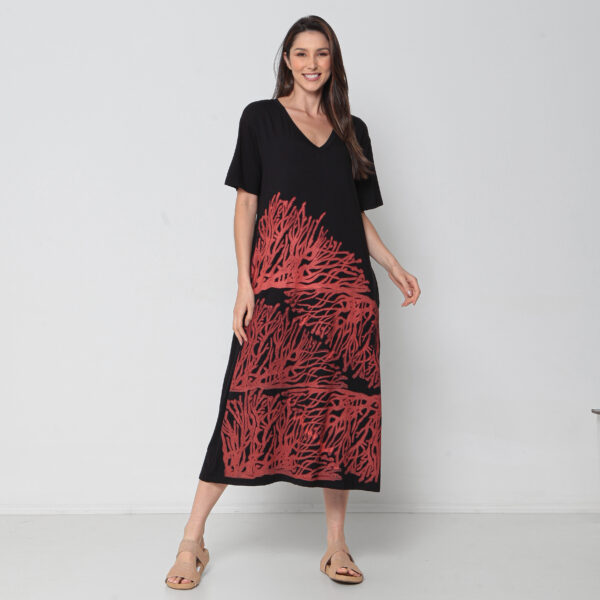 Vestido Em Malha Estampado Mangas Curtas Com Bolsos E Decote V - Preto - Imagem 2