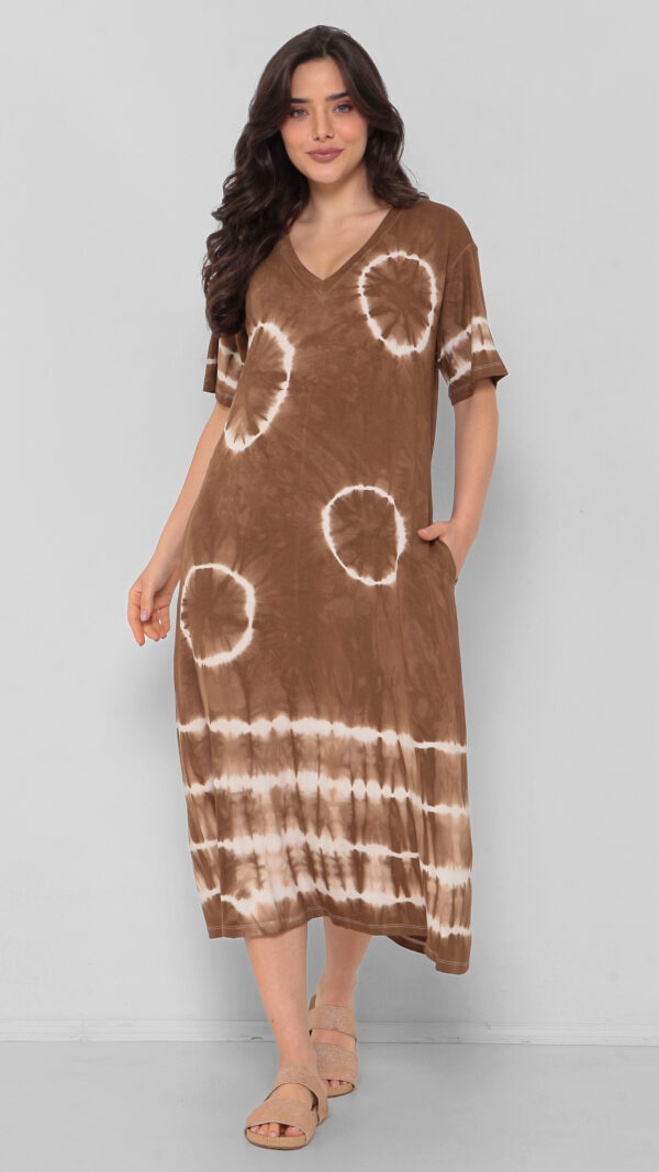 Vestido Em Malha Estampado Decote V Com Bolsos - Marrom