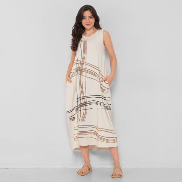 Vestido Em Malha Estampado Sem Mangas Com Bolsos - Areia - Imagem 4