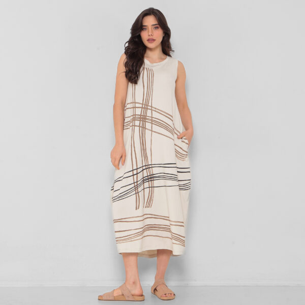Vestido Em Malha Estampado Sem Mangas Com Bolsos - Areia - Imagem 1