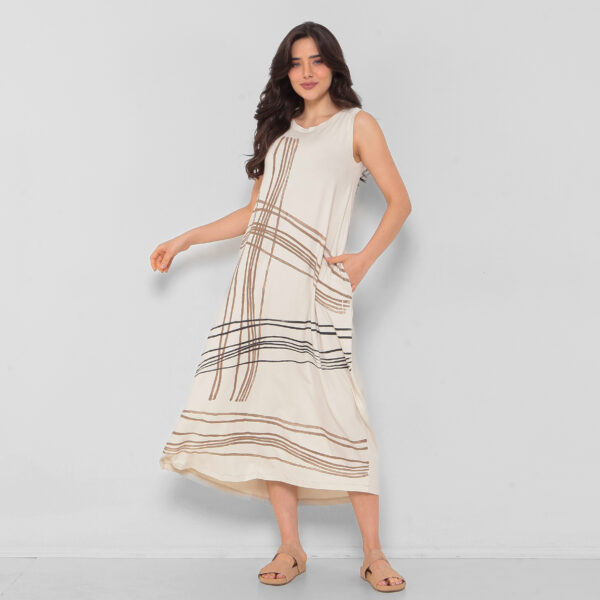 Vestido Em Malha Estampado Sem Mangas Com Bolsos - Areia - Imagem 2