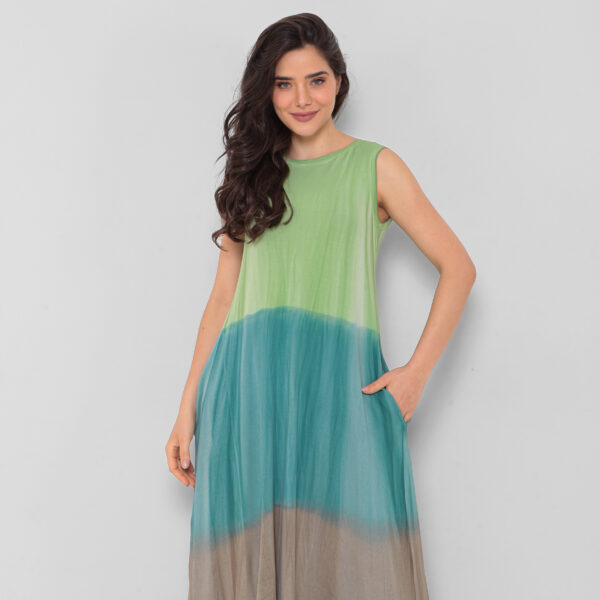 Vestido Estampado em Malha Sem Mangas Com Bolsos - Verde - Imagem 2
