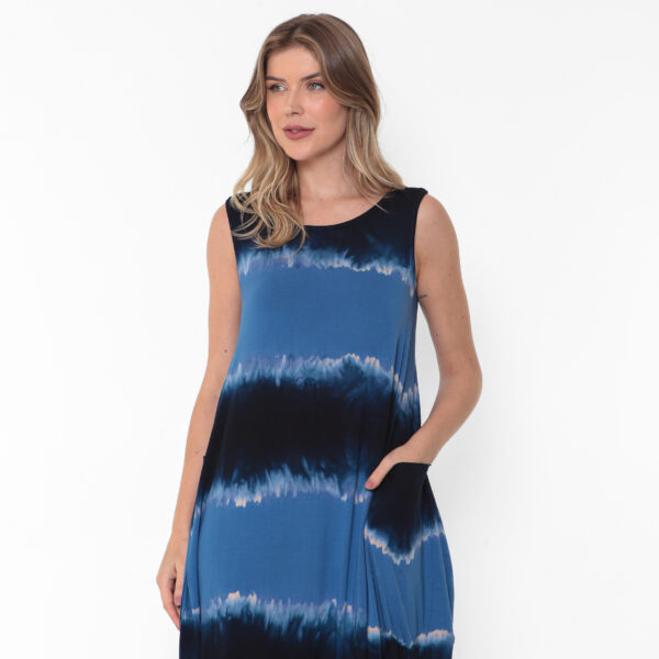 Vestido Em Malha Estampado Com Bolsos E Sem Mangas - Azul - Imagem 3