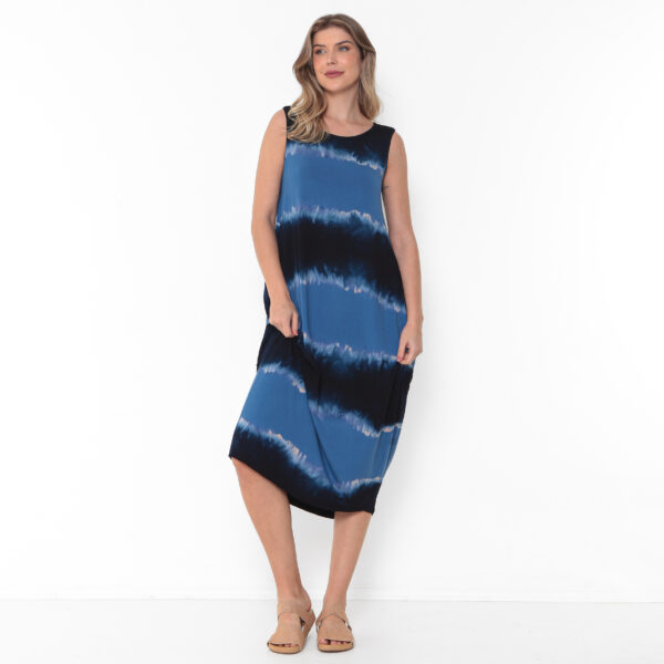 Vestido Em Malha Estampado Com Bolsos E Sem Mangas - Azul - Imagem 1