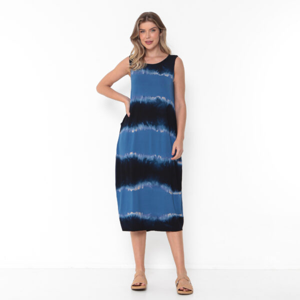 Vestido Em Malha Estampado Com Bolsos E Sem Mangas - Azul - Imagem 2