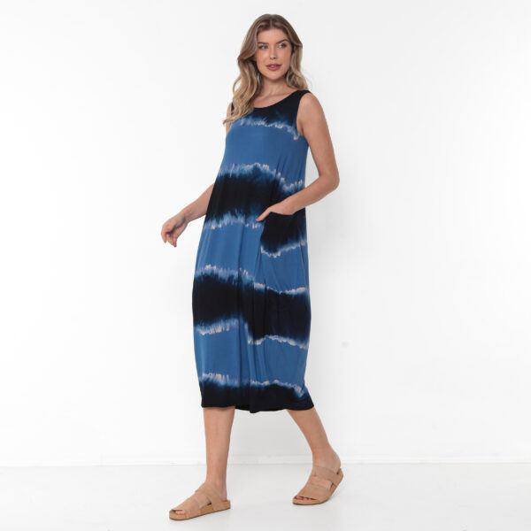Vestido Em Malha Estampado Com Bolsos E Sem Mangas - Azul - Imagem 4