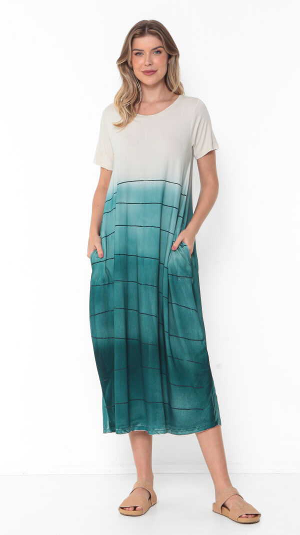 Vestido Em Malha Estampado Com Bolsos E Mangas Curtas - Areia