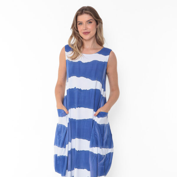 Vestido Em Malha Estampado Com Bolsos E Sem Mangas - Listrado - Imagem 4