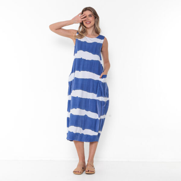 Vestido Em Malha Estampado Com Bolsos E Sem Mangas - Listrado - Imagem 1