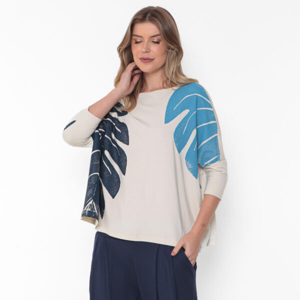 Blusa Feminina Em Malha Estampada Com Mangas Compridas - Areia - Imagem 3